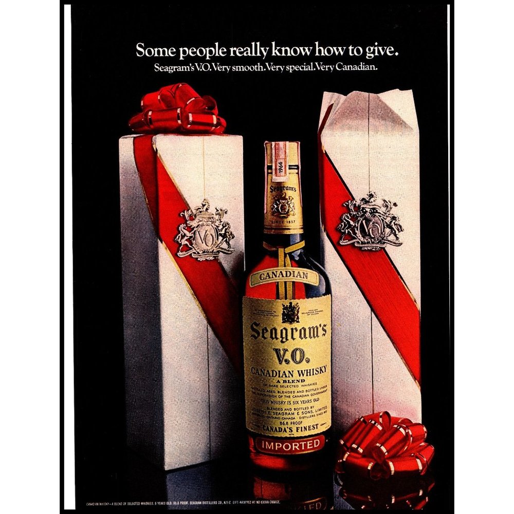 1970 Seagrams V.O. Canadian Whisky Christmas Box Red Bow Vintage Print Ad Art